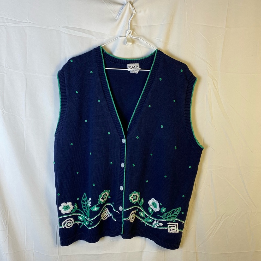 Koret Blue and Green Floral Embroidery Knit Vest 1X